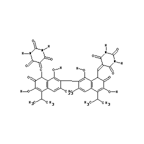 ST004335 5-[(7-{1,6-dihydroxy-3-methyl-5-(methylethyl)-7-oxo-8-[(2,4,6-trioxo(1,3-dihyd ropyrimidin-5-ylidene))methyl](2-8-hydronaphthyl)}-3,8-dihydroxy-6-methyl-4-(m ethylethyl)-2-oxohydronaphthyl)methylene]-1,3-dihydropyrimidine-2,4,6-trione Gossypol De