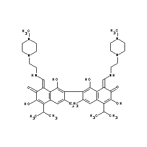 ST005130 7-[1,6-dihydroxy-3-methyl-5-(methylethyl)-8-({[2-(4-methylpiperazinyl)ethyl]am ino}methylene)-7-oxo(2-naphthyl)]-3,8-dihydroxy-6-methyl-4-(methylethyl)-1-({[ 2-(4-methylpiperazinyl)ethyl]amino}methylene)naphthalen-2-one Gossypol Derivative