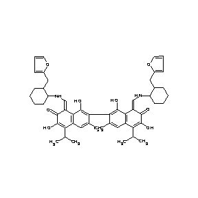 ST005133 1-({[2-(2-furylmethyl)cyclohexyl]amino}methylene)-7-[8-({[2-(2-furylmethyl)cyc lohexyl]amino}methylene)-1,6-dihydroxy-3-methyl-5-(methylethyl)-7-oxo(2-naphth yl)]-3,8-dihydroxy-6-methyl-4-(methylethyl)naphthalen-2-one Gossypol Derivative