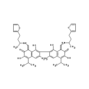ST005134 1-{[(3-(2-furyl)-1-methylpropyl)amino]methylene}-7-(8-{[(3-(2-furyl)-1-methylp ropyl)amino]methylene}-1,6-dihydroxy-3-methyl-5-(methylethyl)-7-oxo(2-naphthyl ))-3,8-dihydroxy-6-methyl-4-(methylethyl)naphthalen-2-one Gossypol Derivative