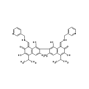 ST005135 7-(1,6-dihydroxy-3-methyl-5-(methylethyl)-7-oxo-8-{[(3-pyridylmethyl)amino]met hylene}(2-naphthyl))-3,8-dihydroxy-6-methyl-4-(methylethyl)-1-{[(3-pyridylmeth yl)amino]methylene}naphthalen-2-one Gossypol Derivative