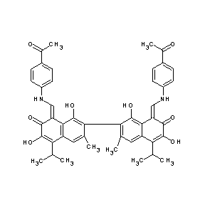ST012880 1-acetyl-4-({[7-(8-{[(4-acetylphenyl)amino]methylene}-1,6-dihydroxy-3-methyl-5 -(methylethyl)-7-oxo(2-naphthyl))-3,8-dihydroxy-6-methyl-4-(methylethyl)-2-oxo naphthylidene]methyl}amino)benzene Gossypol Derivative