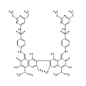 ST012881 1-{[(4-{[(2,6-dimethoxypyrimidin-4-yl)amino]sulfonyl}phenyl)amino]methylene}-7 -(8-{[(4-{[(2,6-dimethoxypyrimidin-4-yl)amino]sulfonyl}phenyl)amino]methylene} -1,6-dihydroxy-3-methyl-5-(methylethyl)-7-oxo(2-naphthyl))-3,8-dihydroxy-6-met hyl-4-(me
