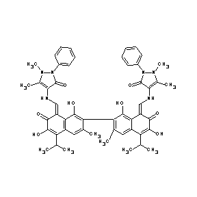 ST012882 4-({[7-(8-{[(2,3-dimethyl-5-oxo-1-phenyl(3-pyrazolin-4-yl))amino]methylene}-1, 6-dihydroxy-3-methyl-5-(methylethyl)-7-oxo(2-naphthyl))-3,8-dihydroxy-6-methyl -4-(methylethyl)-2-oxonaphthylidene]methyl}amino)-2,3-dimethyl-1-phenyl-3-pyra zolin-5-o