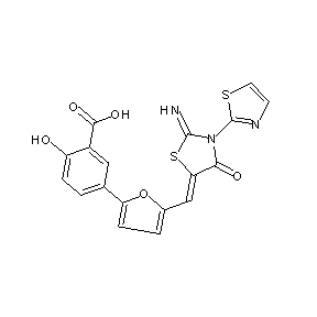 ST032629 2-hydroxy-5-{5-[(2-imino-4-oxo-3-(1,3-thiazol-2-yl)(1,3-thiazolidin-5-ylidene) )methyl](2-furyl)}benzoic acid