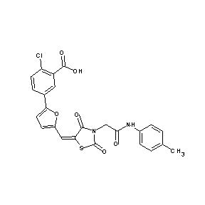 ST057824 2-chloro-5-{5-[(3-{[N-(4-methylphenyl)carbamoyl]methyl}-2,4-dioxo(1,3-thiazoli din-5-ylidene))methyl](2-furyl)}benzoic acid