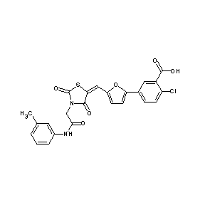 ST057895 2-chloro-5-{5-[(3-{[N-(3-methylphenyl)carbamoyl]methyl}-2,4-dioxo(1,3-thiazoli din-5-ylidene))methyl](2-furyl)}benzoic acid