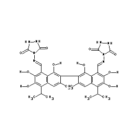 ST087010 4-[(1E)-2-(7-{8-[(1E)-2-(3,5-dioxo(1,2,4-triazolidin-4-yl))-2-azavinyl]-1,6,7- trihydroxy-3-methyl-5-(methylethyl)(2-naphthyl)}-2,3,8-trihydroxy-6-methyl-4-( methylethyl)naphthyl)-1-azavinyl]-1,2,4-triazolidine-3,5-dione