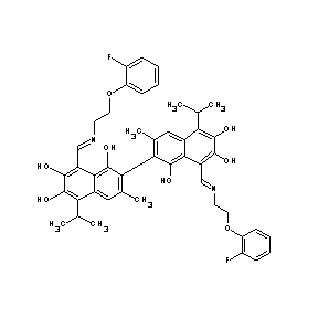 ST092579 8-[(1E)-4-(2-fluorophenoxy)-2-azabut-1-enyl]-2-{8-[(1E)-4-(2-fluorophenoxy)-2- azabut-1-enyl]-1,6,7-trihydroxy-3-methyl-5-(methylethyl)(2-naphthyl)}-3-methyl -5-(methylethyl)naphthalene-1,6,7-triol
