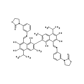 ST092973 3-(3-{(1E)-2-[7-(8-{(1E)-2-[3-(2-oxo(1,3-oxazolidin-3-yl))phenyl]-2-azavinyl}- 1,6,7-trihydroxy-3-methyl-5-(methylethyl)(2-naphthyl))-2,3,8-trihydroxy-6-meth yl-4-(methylethyl)naphthyl]-1-azavinyl}phenyl)-1,3-oxazolidin-2-one